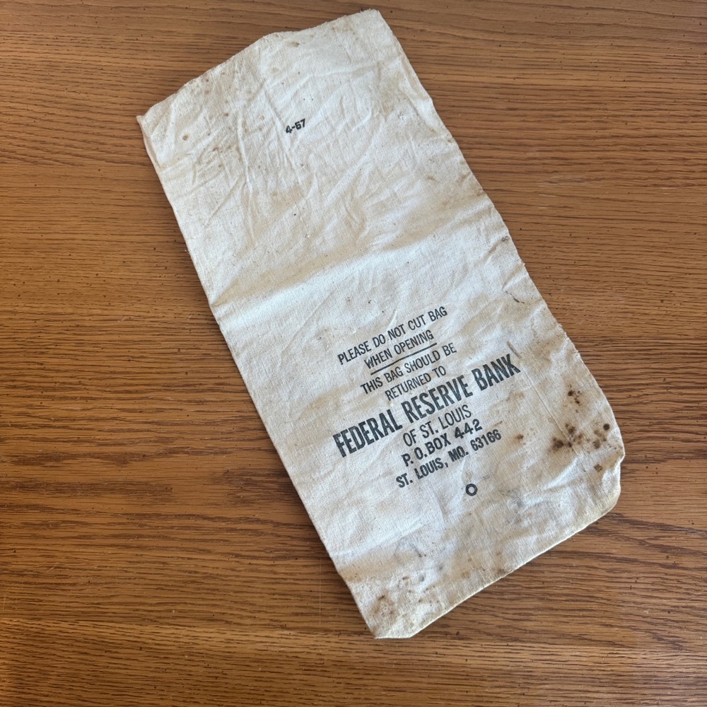 Vintage Federal Reserve Bank of St Louis Canvas Money Bag 4-67 Distressed